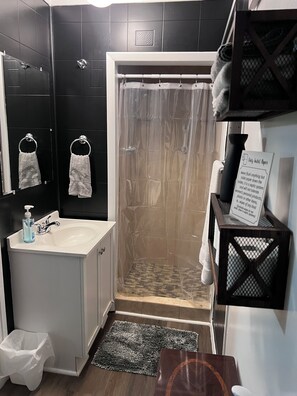Chuveiro, secador de cabelo, toalhas de banho, papel higiênico