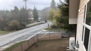 A set of outdoor stairs leading to a building entrance, with a metal railing and a view of a road and trees in the background. - 1-bedroom apartment just 6 minutes drive to Lithia & Driveway Fields (Medford)