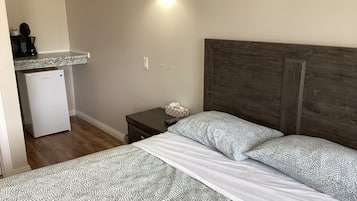 Une chambre comprenant un lit, une table de chevet, un petit bureau et un coin cuisine.