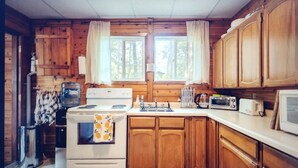 Una cocina tipo cabaña con armarios de madera, estufa, microondas y pileta.