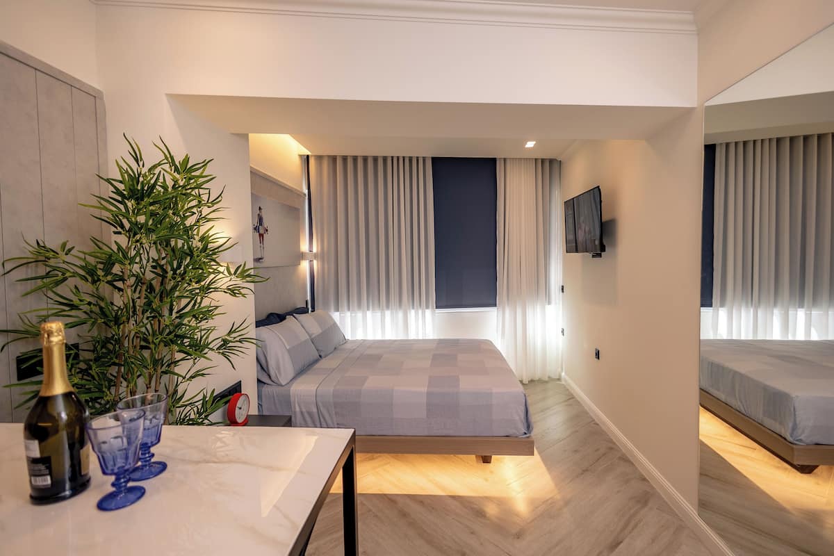 A modern hotel room with a bed, a small table with a bottle and glasses, a potted plant, and a TV mounted on the wall.