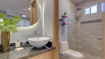 Shower, rainfall showerhead, towels