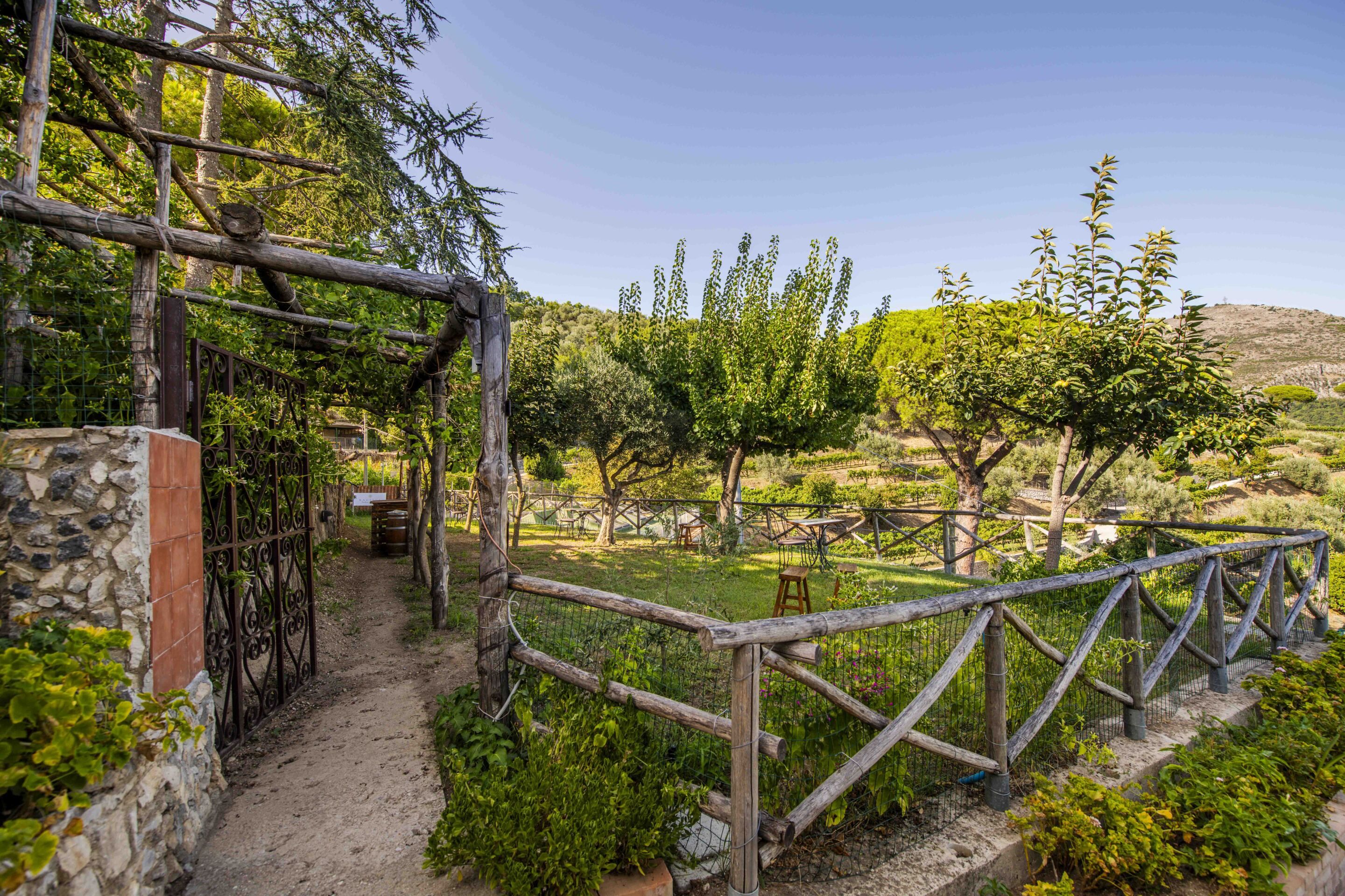 A rustic wooden pathway leading through a garden with a stone wall on one side and a metal fence on the other.