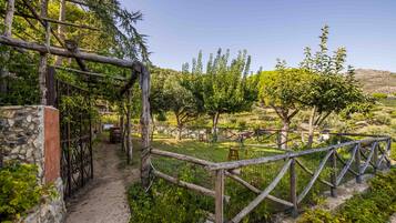 A rustic wooden pathway leading through a garden with a stone wall on one side and a metal fence on the other.