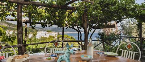 An outdoor dining table with food and a decorative horse statue, overlooking a scenic coastal view.