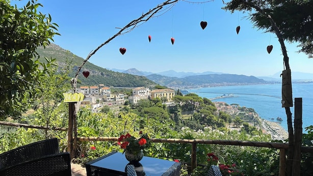 A terrace with wicker furniture, a table with a vase of flowers, and a view of a coastal town with buildings and mountains in the background.