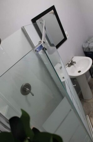 Shower, towels, soap, toilet paper