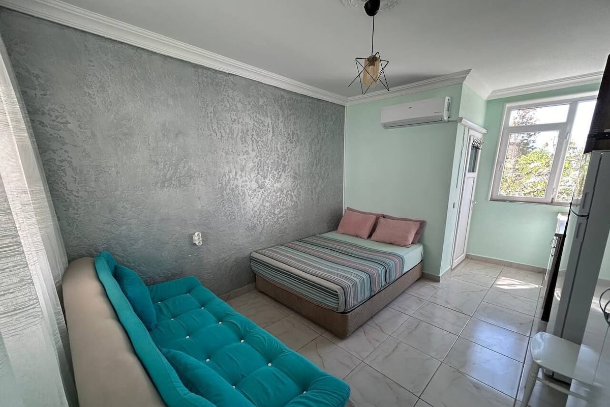 Une chambre compacte comprenant un lit, un canapé et une kitchenette.