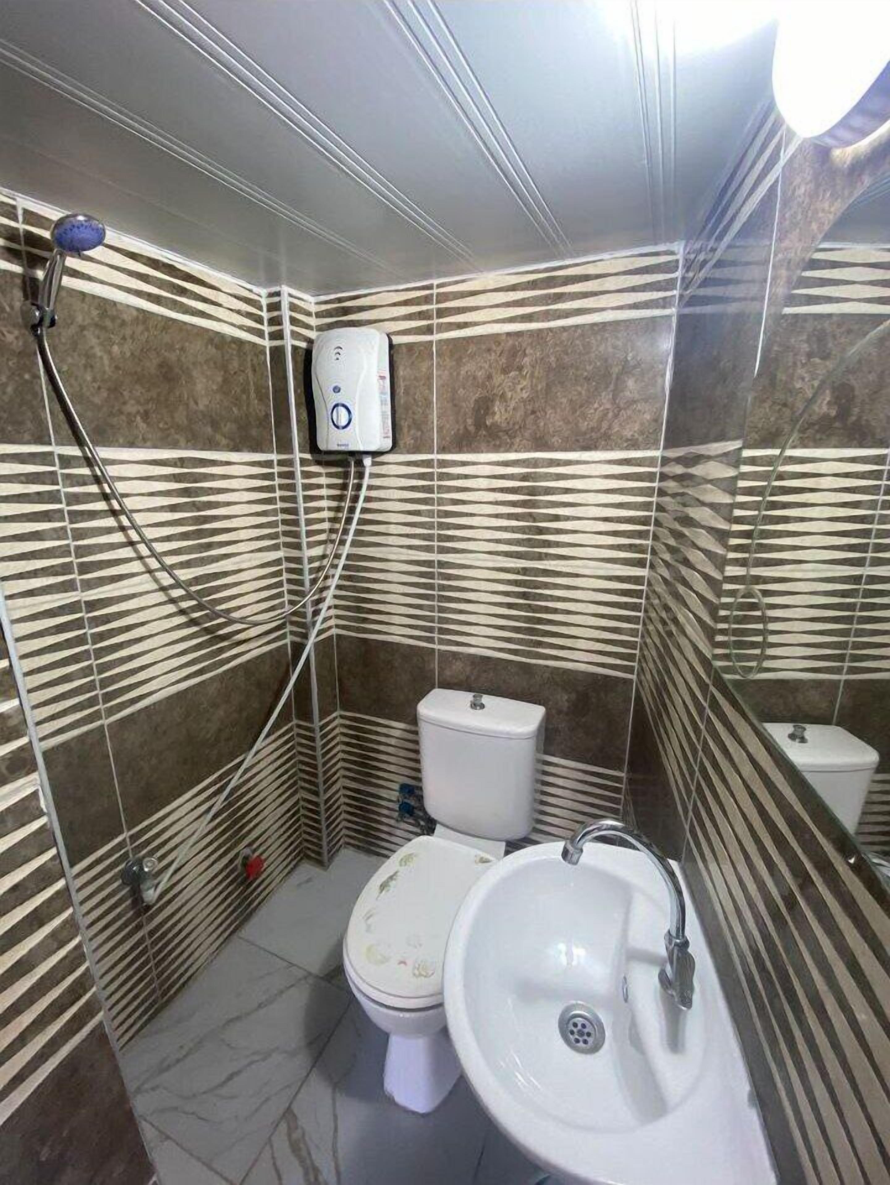 A bathroom with striped tile walls, a toilet, a sink, and a handheld showerhead.