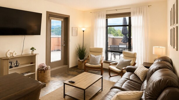 A living room with a sofa, armchair, coffee table, TV, and a balcony with outdoor furniture.