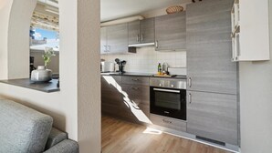 A modern kitchen with grey cabinetry, a Bosch oven, and a window with a view of the sky. - Pet friendly apartment in Allinge (Allinge)