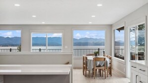 A modern kitchen with large windows offering a mountain view.