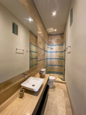Hair dryer, towels, soap, shampoo