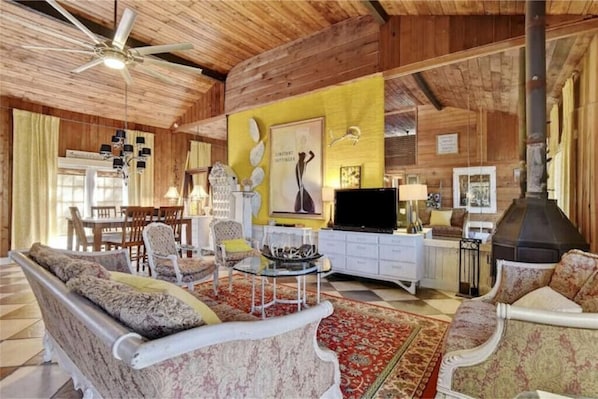Smart TV, fireplace, books