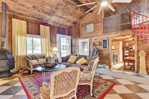 Smart TV, fireplace, books