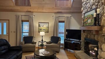 Smart TV, fireplace, books