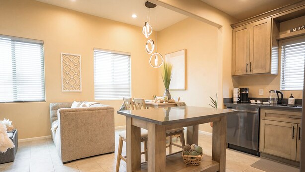A modern kitchen with wooden cabinets, a dining area with a glass table, and a cozy seating area with a sofa and armchair.