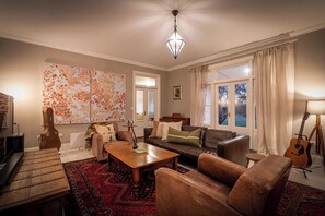 Smart TV, chimenea, reproductor de DVD y libros 