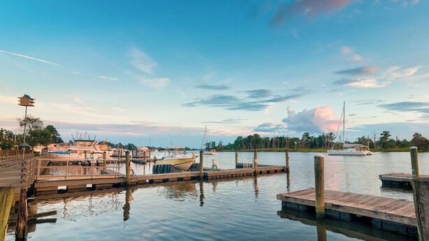 A marina with wooden docks and boats. - Swamp Fox Retreat in Historic Willowbank Neighborhood.15 minutes to PI.  (Georgetown)