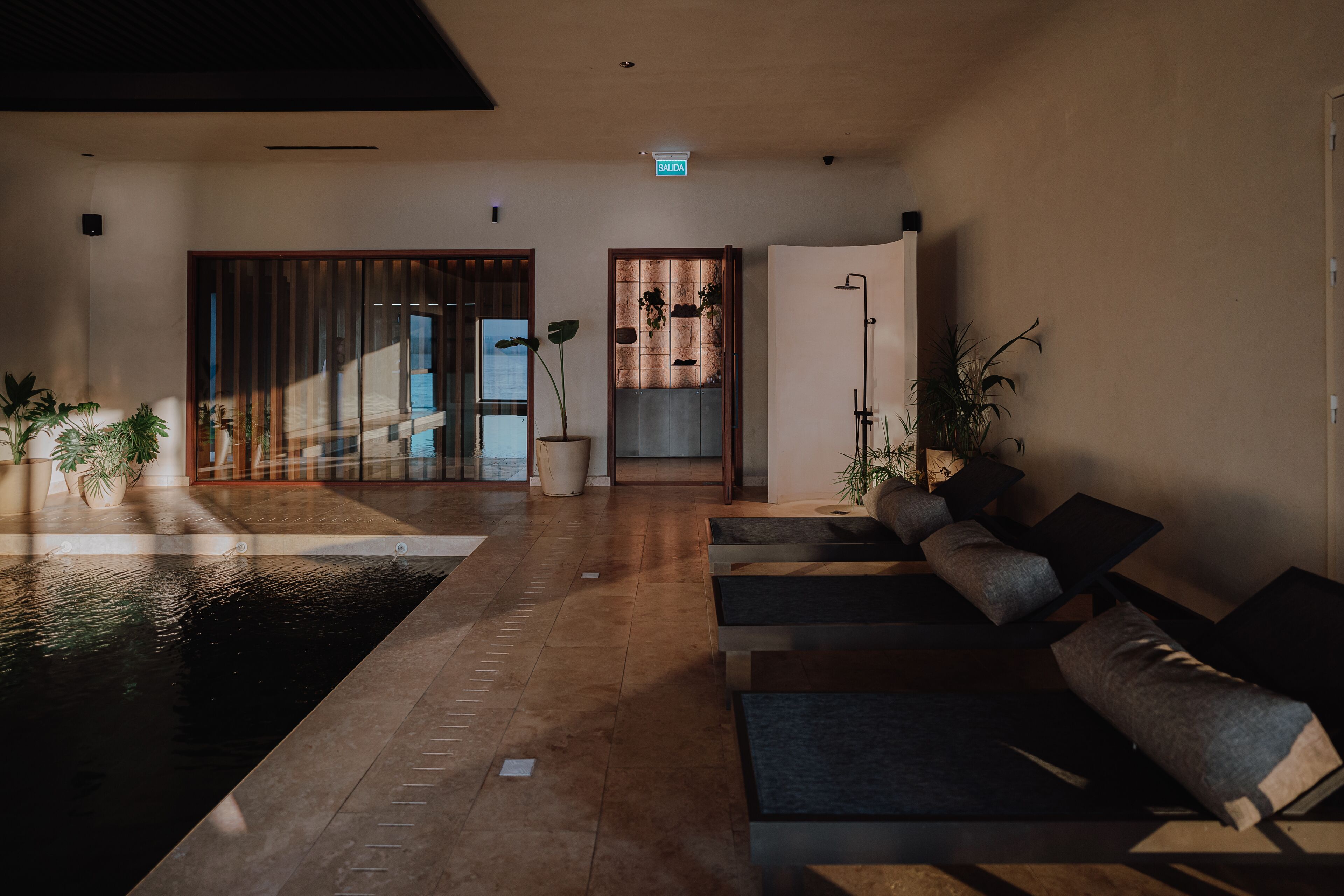 Un área interior de piscina moderna con piso de madera, zona de estar con cojines y plantas en macetas.