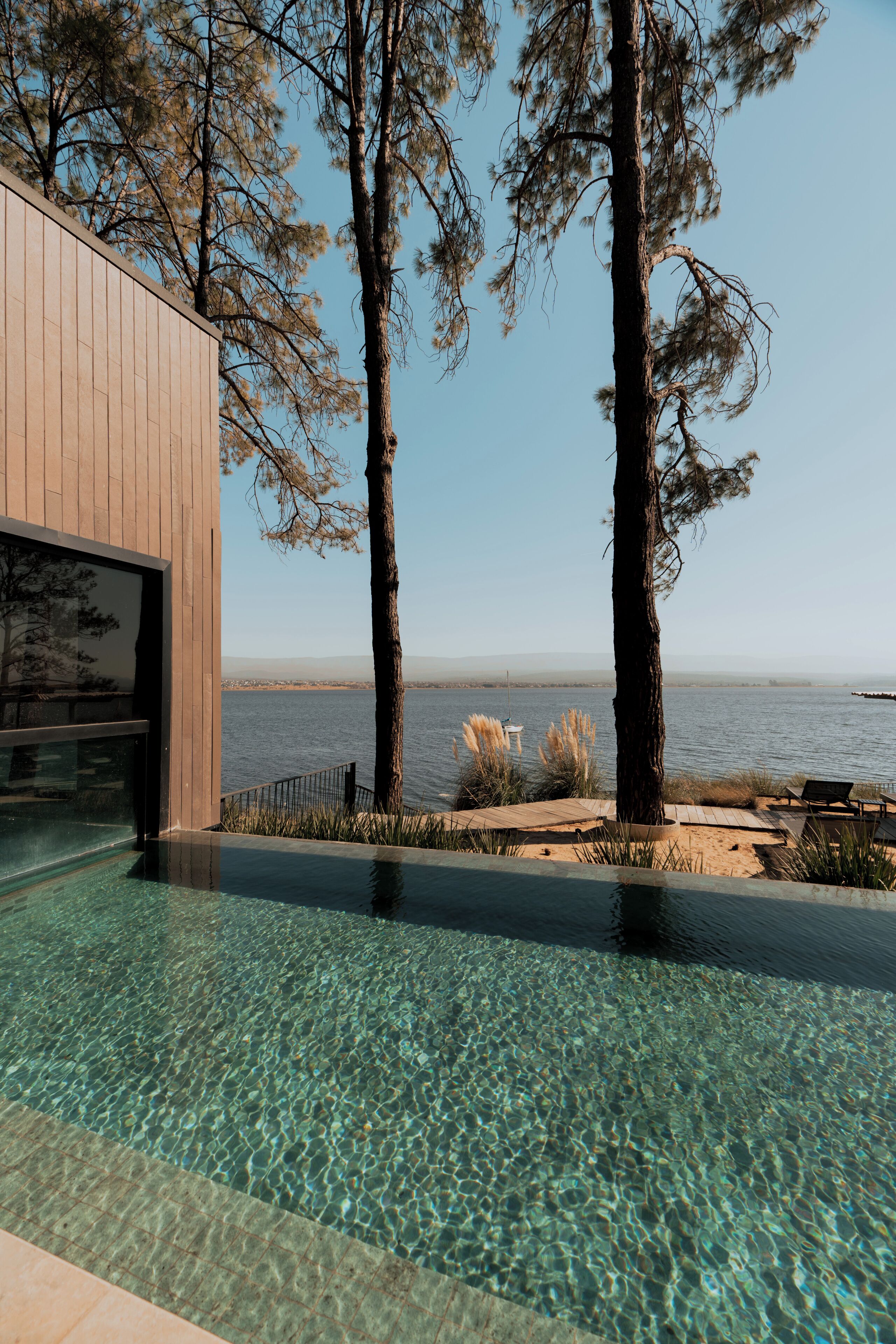 Un área de piscina moderna con agua cristalina, rodeada de altos árboles y con vista a un cuerpo de agua.