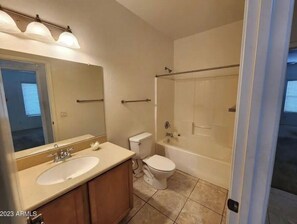 Bathroom features a shower, bathtub, and sink with a large mirror.