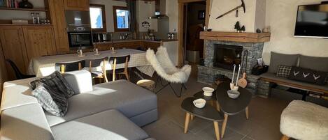 Smart TV, fireplace, books, stereo