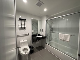Hair dryer, towels, soap, shampoo