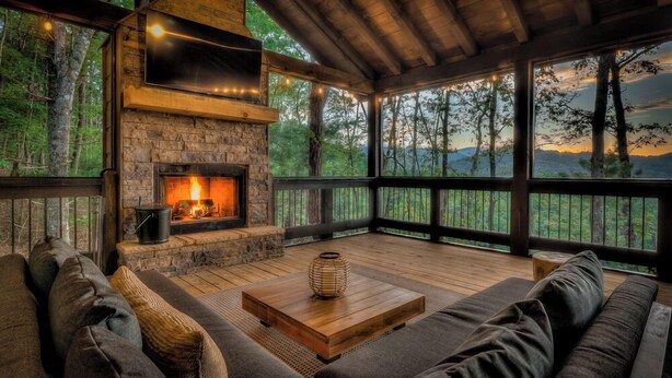 Un espace de vie extérieur accueillant, doté d’une cheminée en pierre, d’une terrasse en bois et offrant une vue sur la forêt.