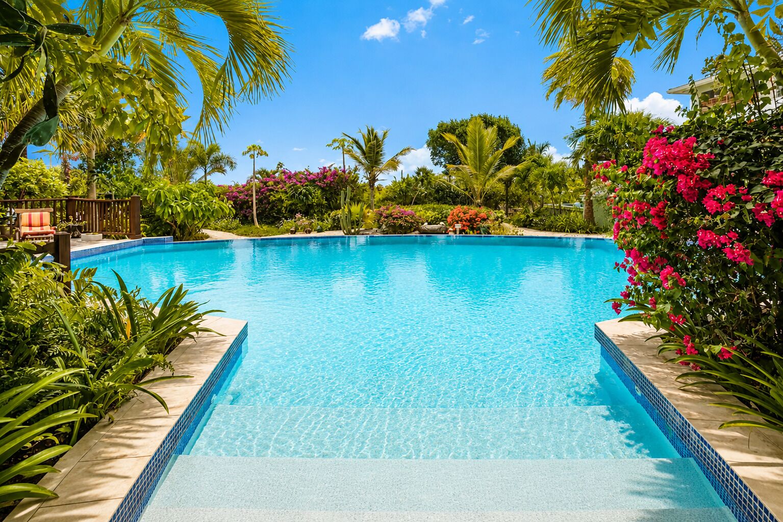 A clear blue pool surrounded by tropical plants and a wooden deck.