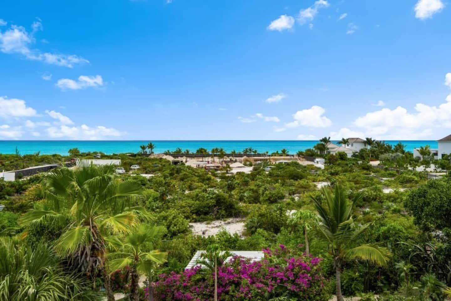 A tropical resort with dense greenery, a beach, and clear blue skies.