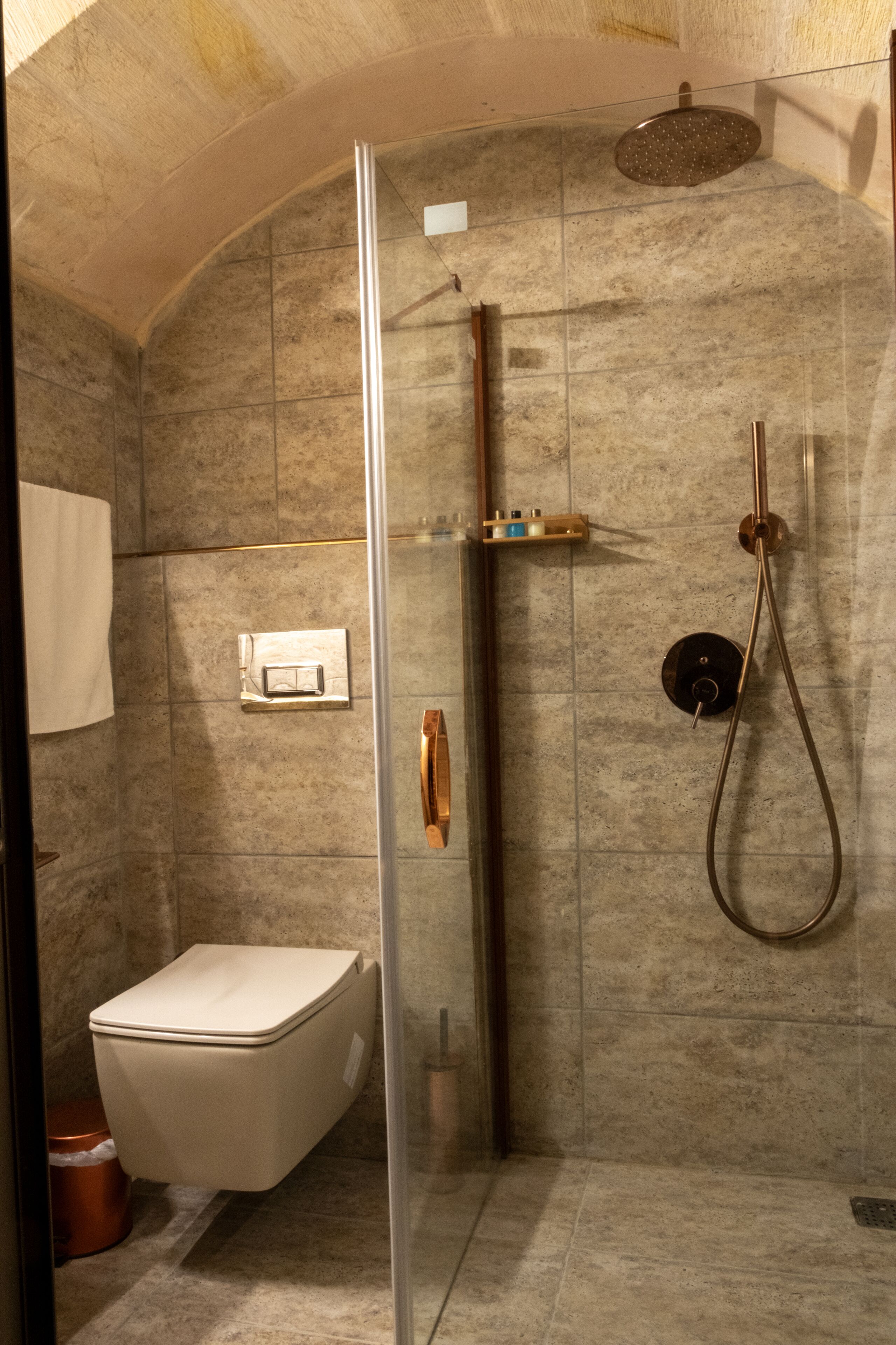 A modern bathroom with a glass shower enclosure, a toilet, and a sink.