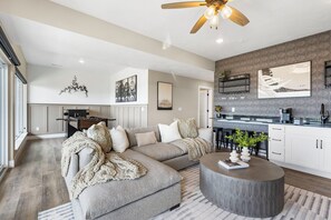 TV, fireplace, foosball, computer monitors