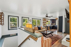 TV, fireplace, books