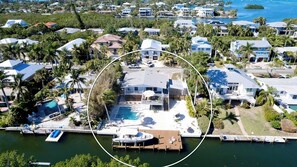 An aerial view of a residential area with a large house featuring a swimming pool, dock, and boat.