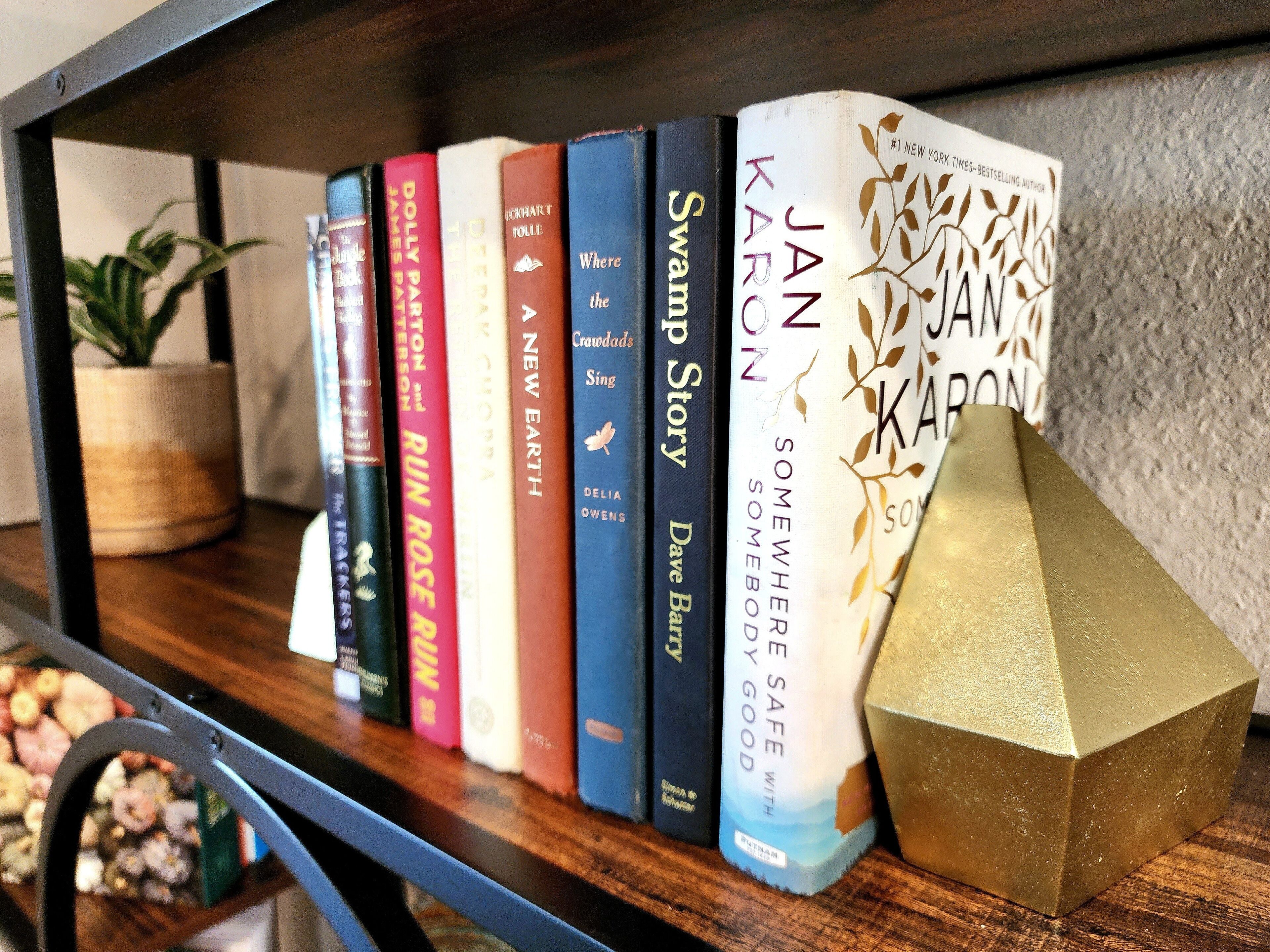 Una estantería con varios libros y un objeto dorado decorativo.