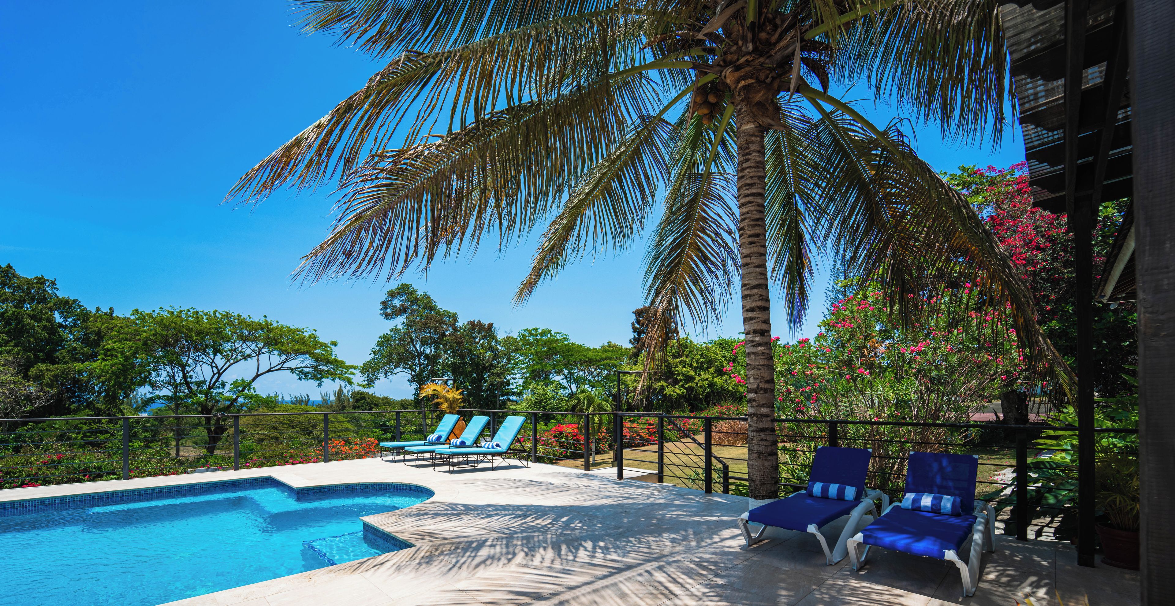 A pool with lounge chairs, palm trees, and a clear blue sky.