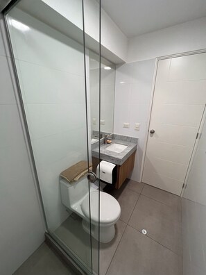 Secadora de cabello, toallas, jabón, papel de baño 