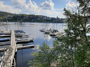 A marina with boats docked, a wooden pier, and a backdrop of houses and trees.