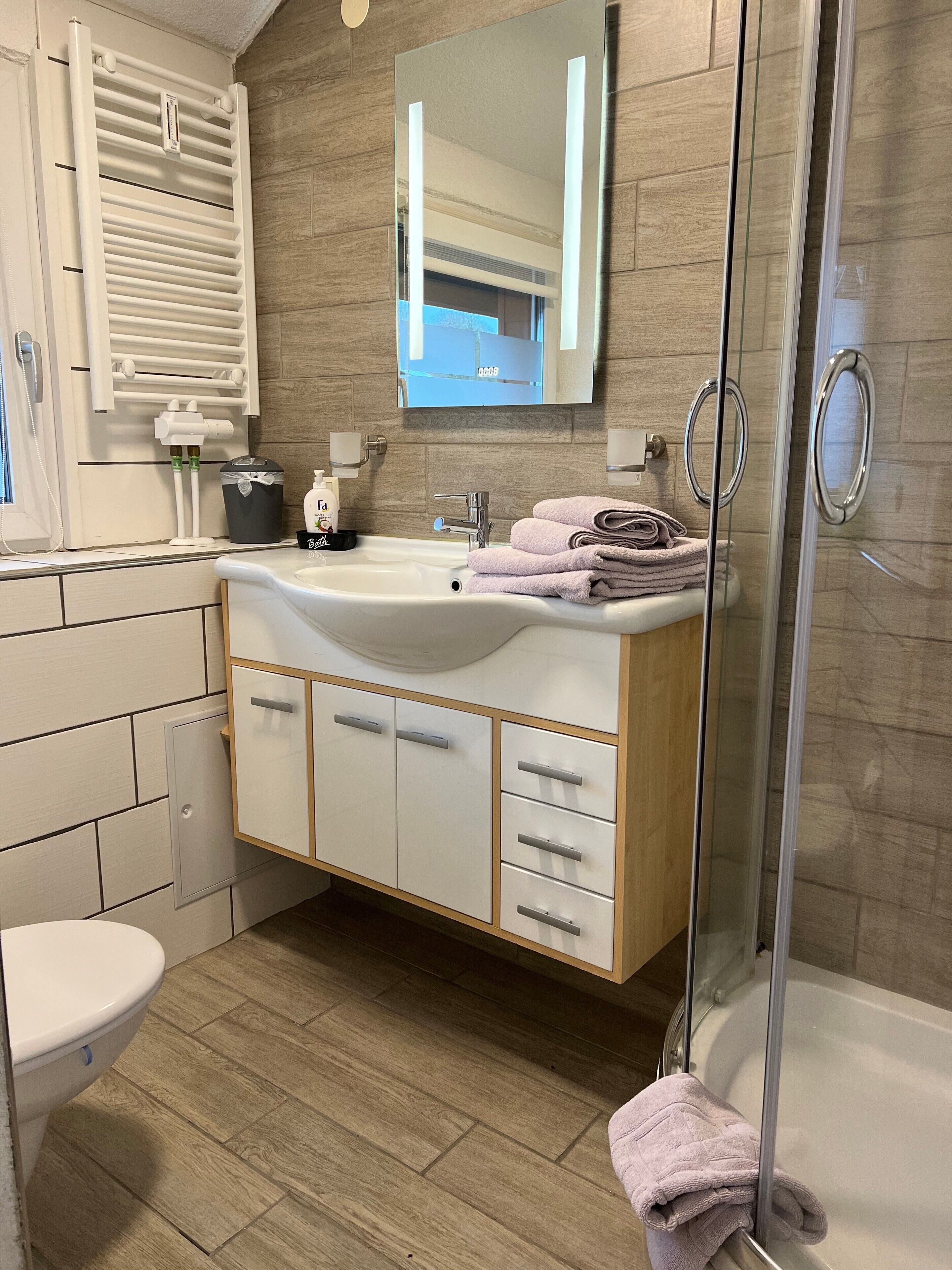 Shower, hair dryer, towels