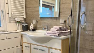 Shower, hair dryer, towels