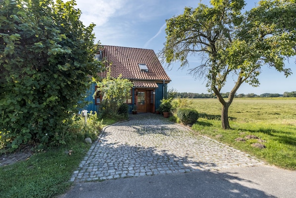 A house with a cobblestone driveway leading to a wooden door, surrounded by greenery and a clear sky.