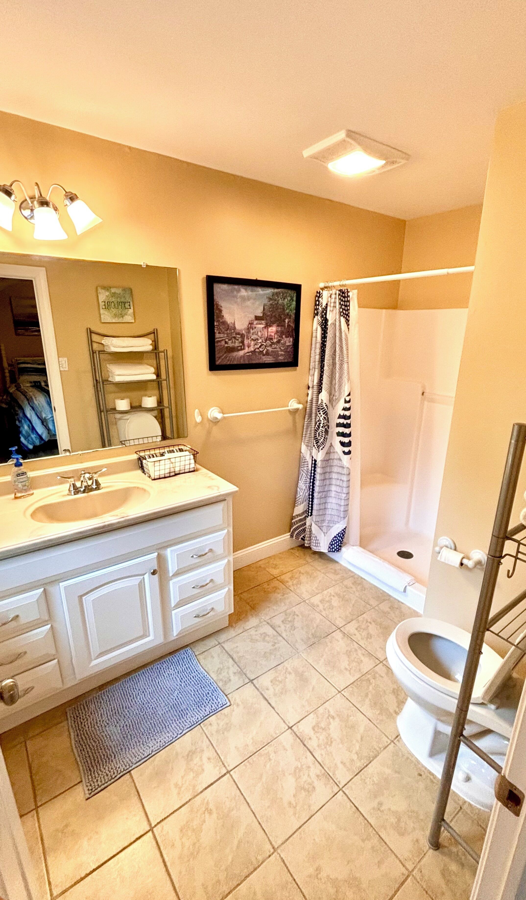 A bathroom with a sink, mirror, towel rack, shower curtain, and toilet.