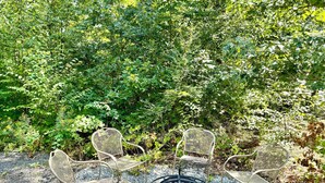 A seating area with three metal chairs and a black fire pit surrounded by gravel, set against a backdrop of dense green foliage. - Family & pet-friendly, peaceful rural escape. Hiking nearby. (Harding)