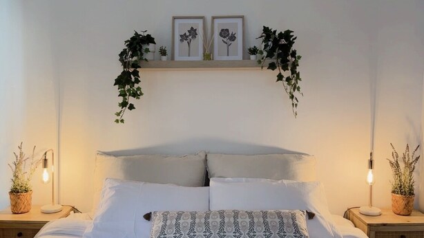 Une chambre à coucher avec un lit, deux tables de chevet, une horloge murale, des tableaux encadrés et des plantes suspendues.