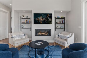 TV, fireplace, books