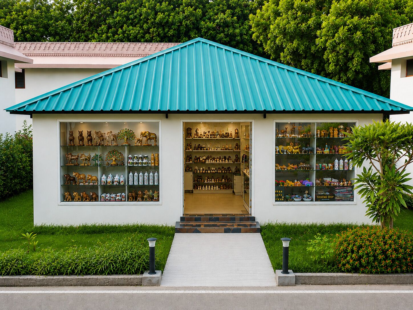 Un bâtiment doté d’un toit végétalisé, de grandes vitrines et d’un jardin bien entretenu.