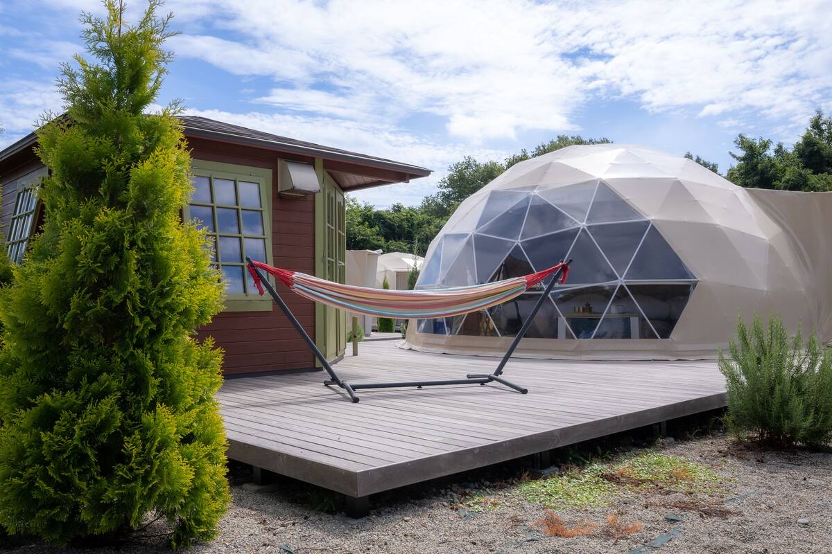 A geodesic dome structure with a hammock on a wooden deck.