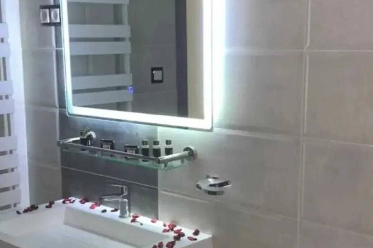 Een moderne badkamer met een grote spiegel, een witte wastafel en rozenblaadjes op het aanrecht.
