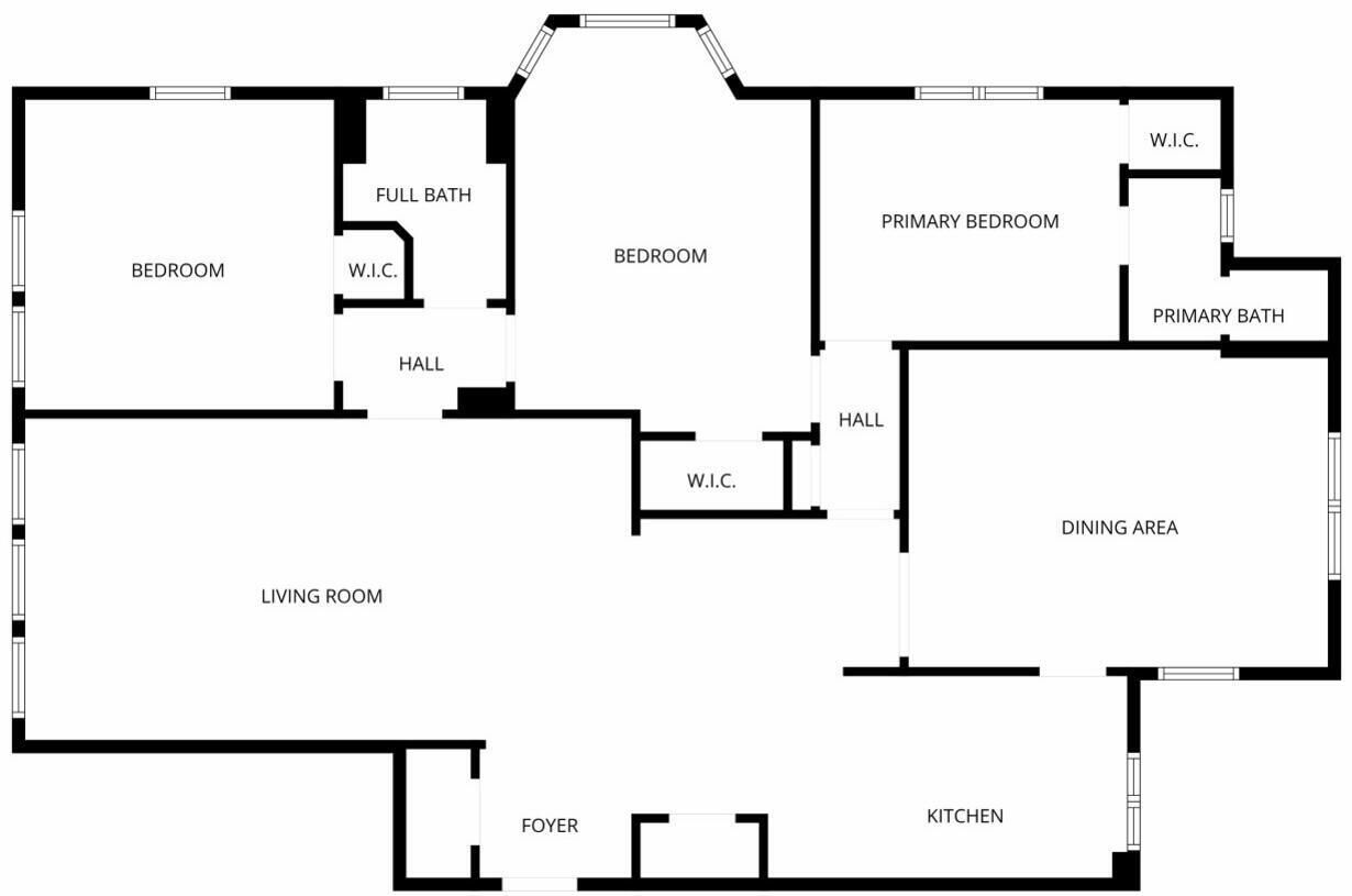 Plànol que mostra un saló, dues habitacions, zona de menjador, cuina, vestíbul i dos passadissos.